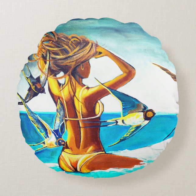 Coussin rond avec peinture unique (Devant)