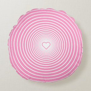 Coussin rond blanc rayé rose avec coeur
