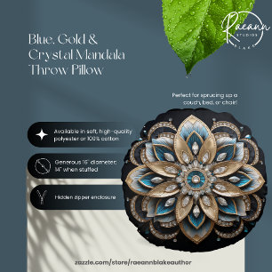 Coussin rond bleu, or et cristal Mandala