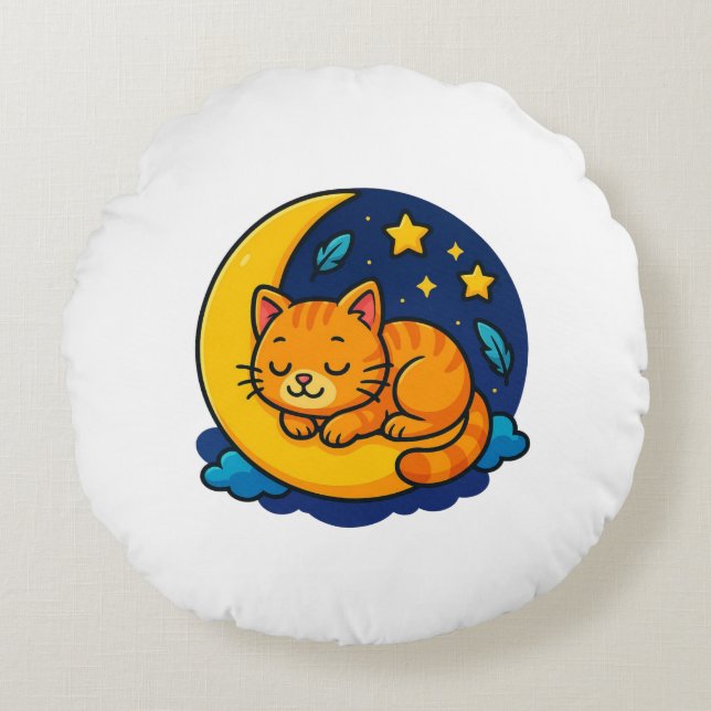 Coussin Rond Chat Endormi Mignon sur la Lune – (Devant)