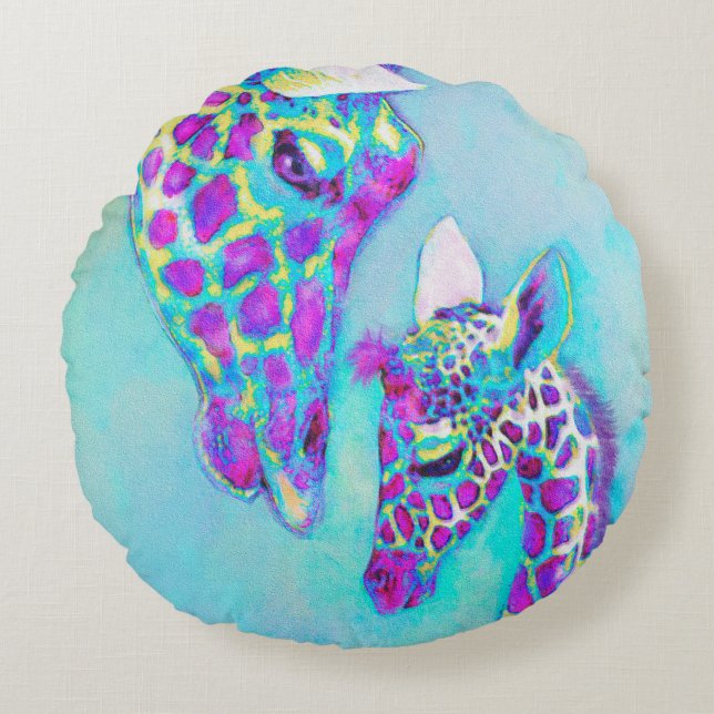 Coussin rond d'Aqua et de girafe pourpre (Devant)