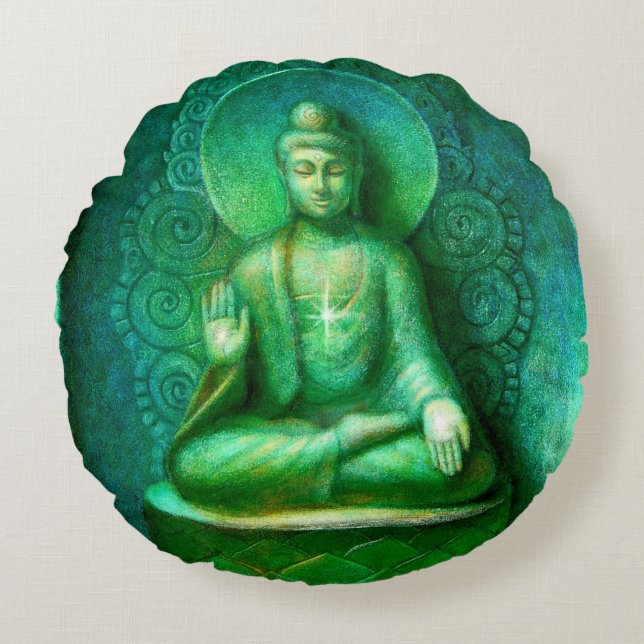 Coussin rond de Bouddha de méditation verte de zen (Devant)