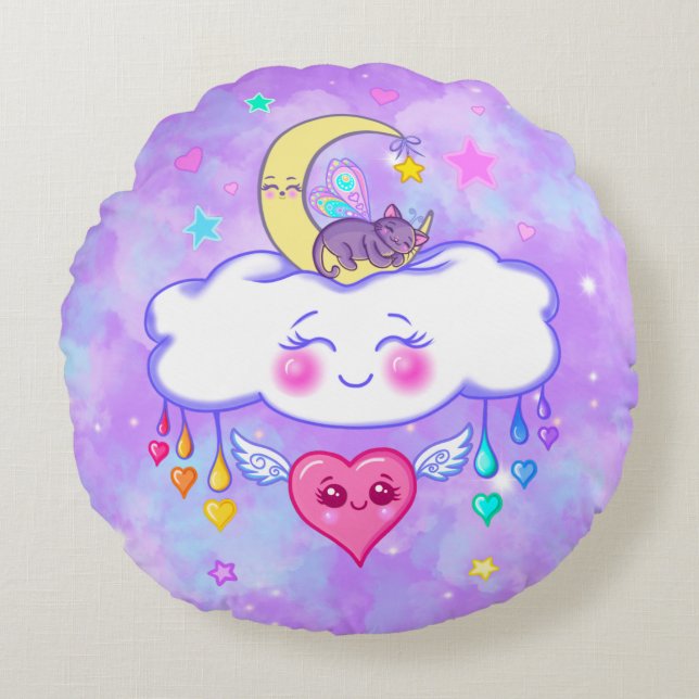 Coussin rond de coeur joyeux Kawaii (Devant)