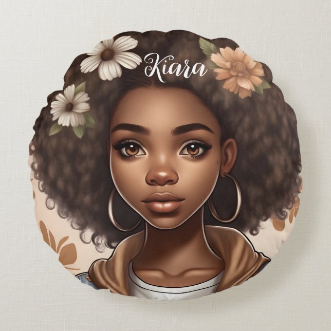 Coussin rond de fille noire personnalisée (Devant)