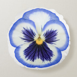 Coussin rond de fleur bleue et blanche de pensée