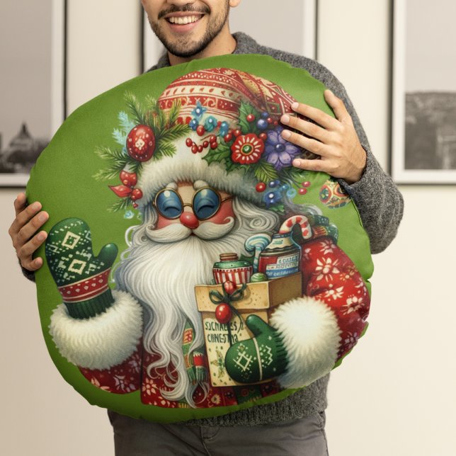 Coussin rond de la clause Hippie Santa (Créateur téléchargé)