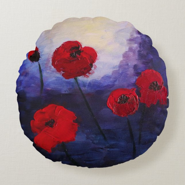 Coussin rond de la peinture violette des pavots ro (Devant)