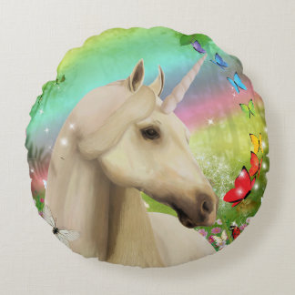 Coussin rond de licorne d'arc-en-ciel