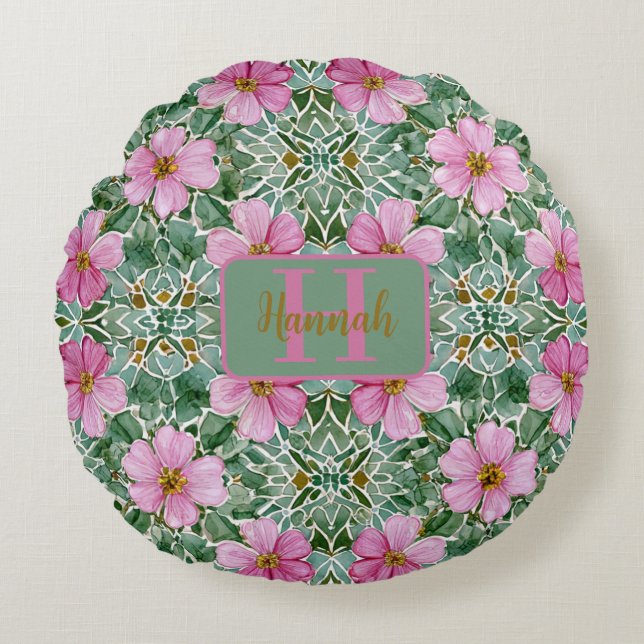 Coussin rond de mosaïque de jardin rose (Devant)