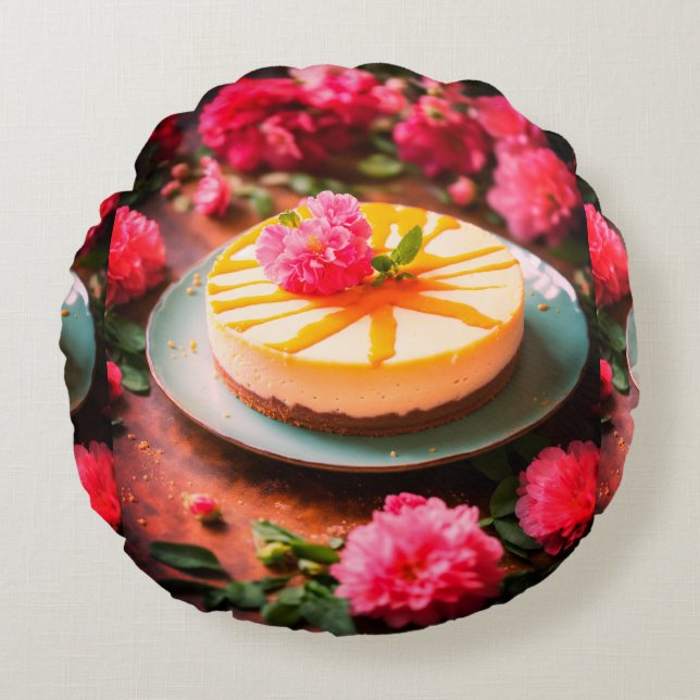 Coussin rond de pâtisserie floral artisanal. (Devant)