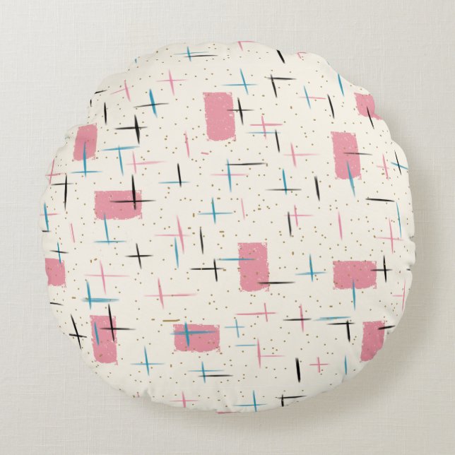 Coussin rond de rétro motif rose atomique (Devant)