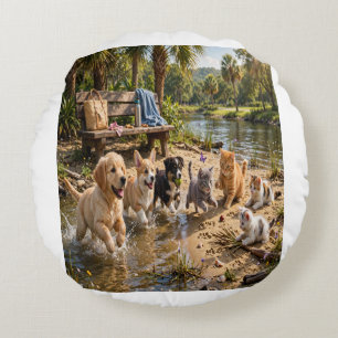 Coussin Rond de Rivière avec Chiots et Chatons Mig