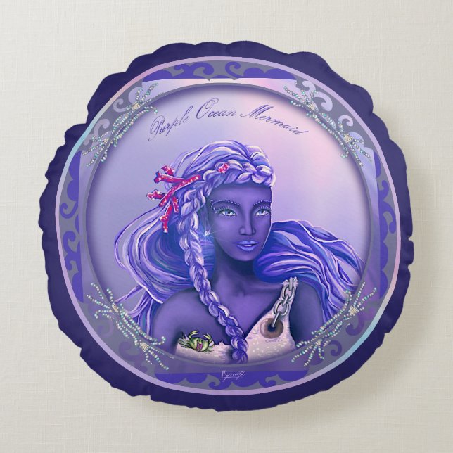 Coussin rond de sirène marine violette (Devant)