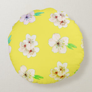 Coussin rond d'impression florale jaune et blanc