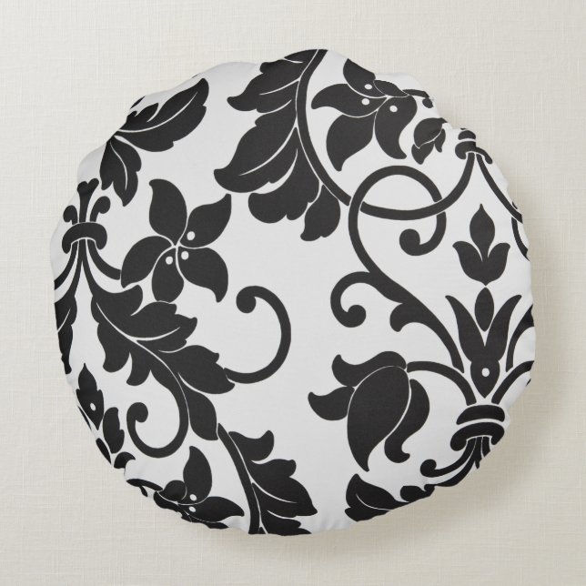 Coussin rond d'impression florale noir et blanc (Dos)