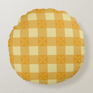 Coussin rond en gingham jaune et pétales jaunes 