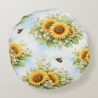 Coussin rond floral tournesol