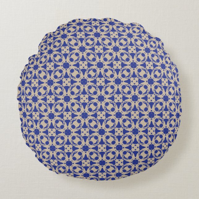 Coussin rond géométrique en fleurs bleues (Devant)