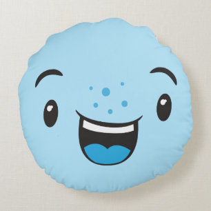 Coussin rond Kawaii face bleu souriant