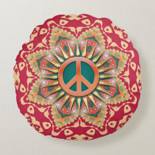 Coussin rond mandala énergie sarcelle orange Paix