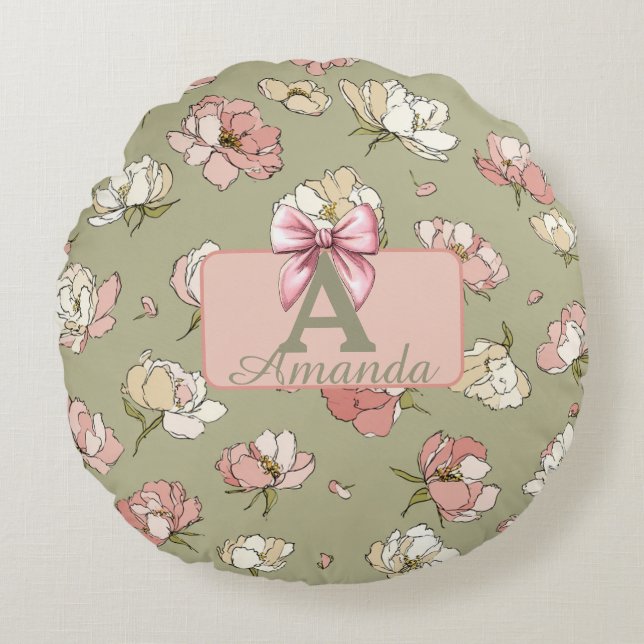 Coussin rond Motif Peony tiré à la main (Devant)