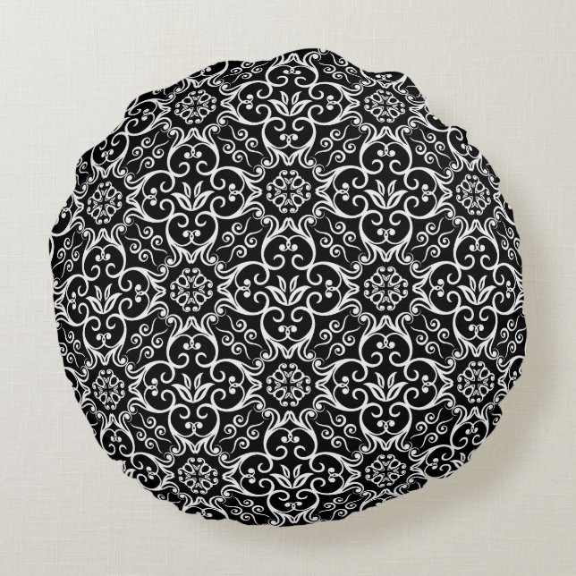 Coussin rond noir et blanc Damas (Dos)