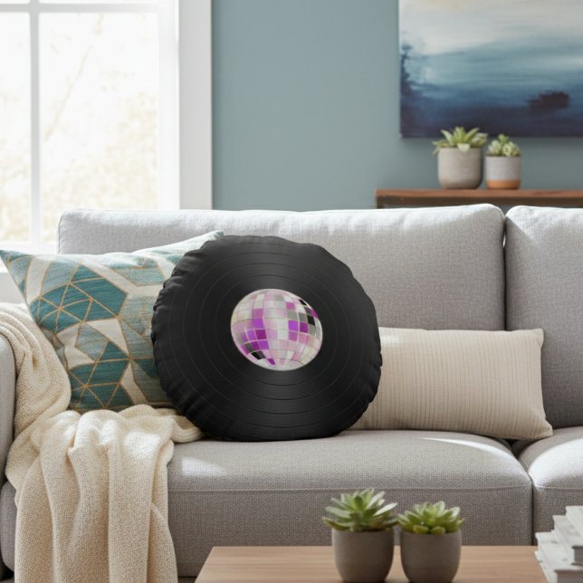 Coussin rond Retro Groove Vinyl (Créateur téléchargé)
