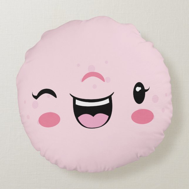 Coussin rond rose Kawaii face rose (Dos)