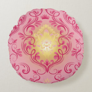 Coussin Rond Rose, Rouge et Jaune Damassé