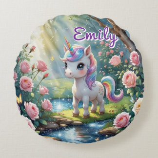 Coussin rond Unicorn personnalisé - Forêt Rose