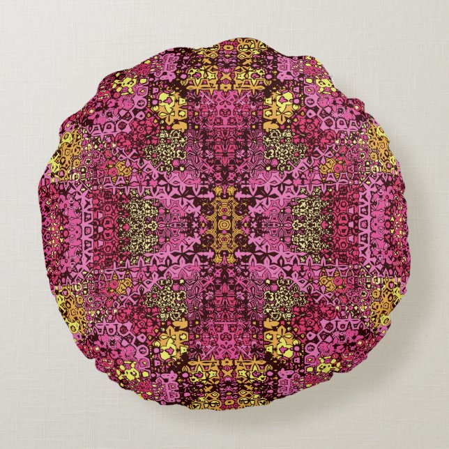 Coussin rond violet rouille tapisserie de saumons. (Dos)