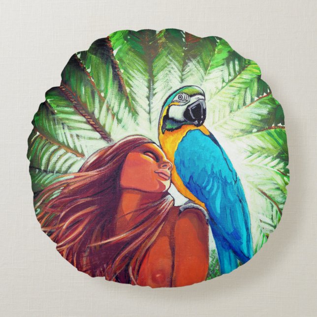 Coussin ronde avec peinture unique de style tropic (Devant)