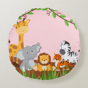 Coussin ronde des bébés animaux de la jungle rose