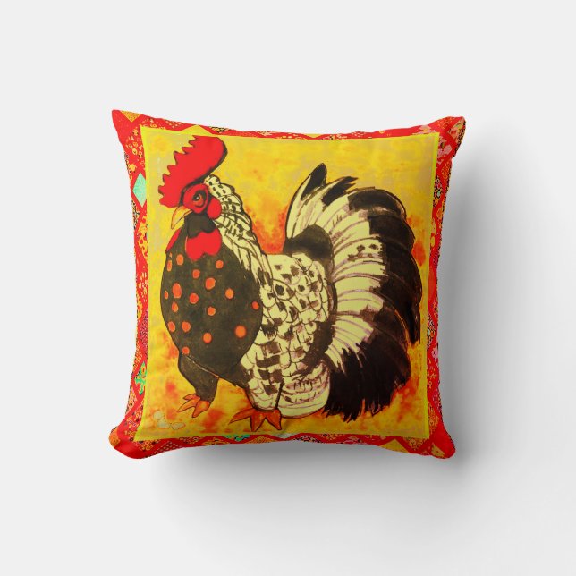 Coussin Rooster Art with Red Decorative Border (Recto)