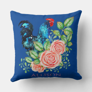 Coussin Rooster avec Fleurs Bleues