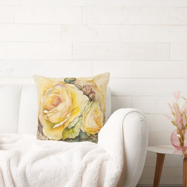 Coussin Rose Aquarelle Jaune agrandi (Canapé)