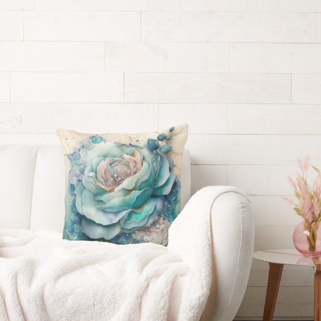 Coussin Rose aquarelle turquoise agrandie (Canapé)