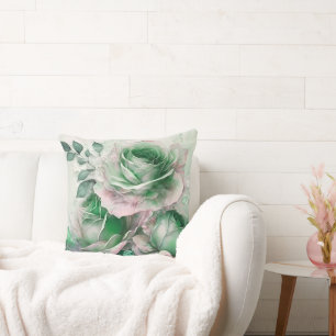 Coussin Rose aquarelle vert émeraude agrandie