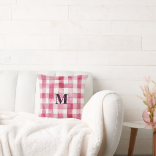 Coussin Rose Blanc À Carreaux Et À Rayures Monogramme Fémi
