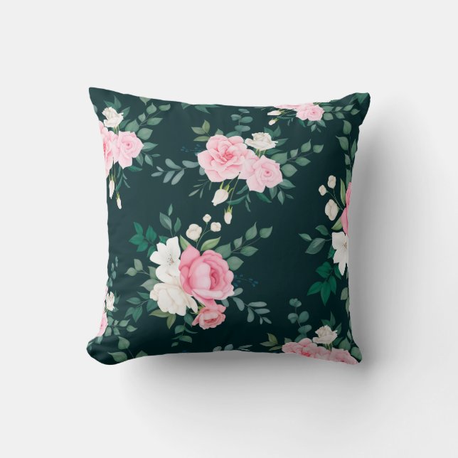 Coussin rose, blanc floral noir sol (Recto)