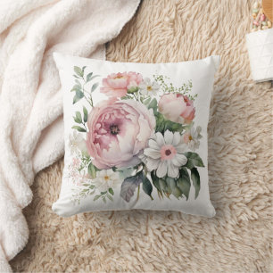Coussin Rose Blanc Floral Vert pivoines Fleurs