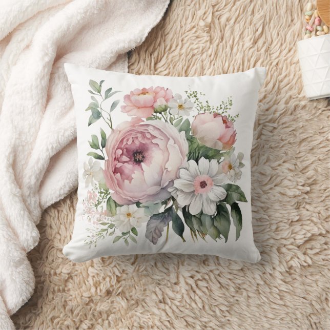 Coussin Rose Blanc Floral Vert pivoines Fleurs (Couverture)