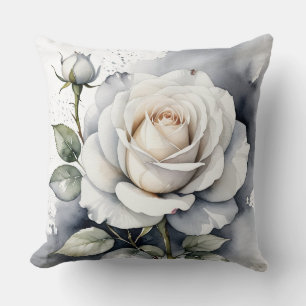 Coussin Rose blanche et rosebud, Feuilles d'argent