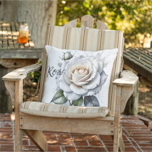 Coussin Rose blanche et rosebud, Feuilles d'argent (Chaise)