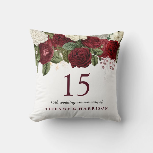 Coussin Rose blanche rouge bordeaux 15e anniversaire de Ma (Recto)