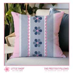Coussin Rose Bleu Fleurs Rayures