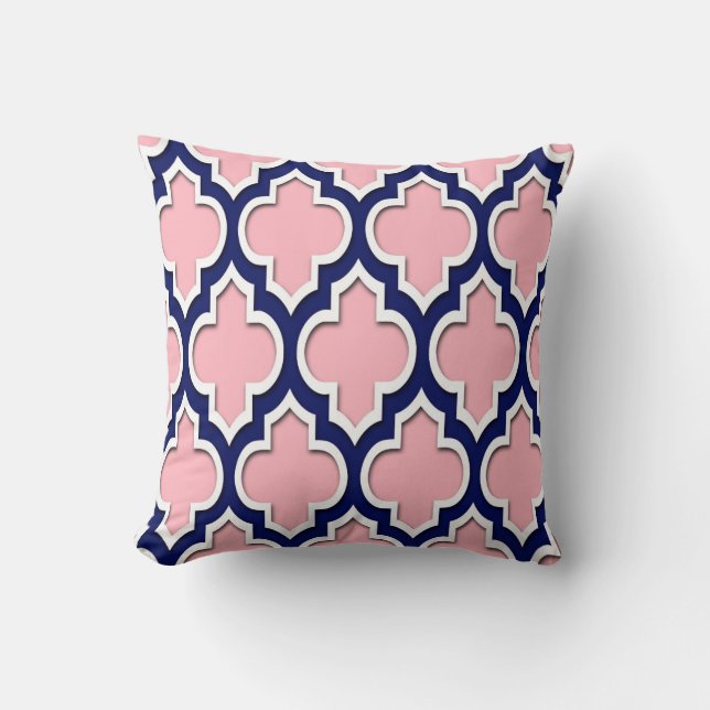 Coussin Rose, bleu marine, blanc Quatrefoil marocain #4DS (Recto)