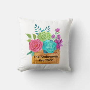Coussin Rose bleu vert violet Panier à fleurs Aquarelle