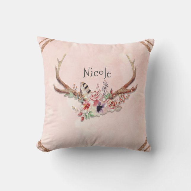 Coussin Rose Blush Rose Floral Deer Antlers Boho Chic (Recto)