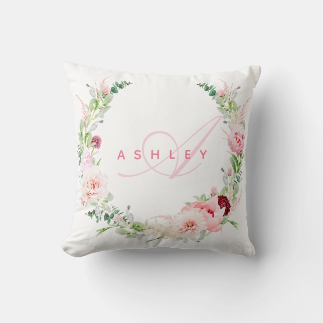 Coussin Rose botanique rose et couronne de pivoine Nom Mon (Recto)
